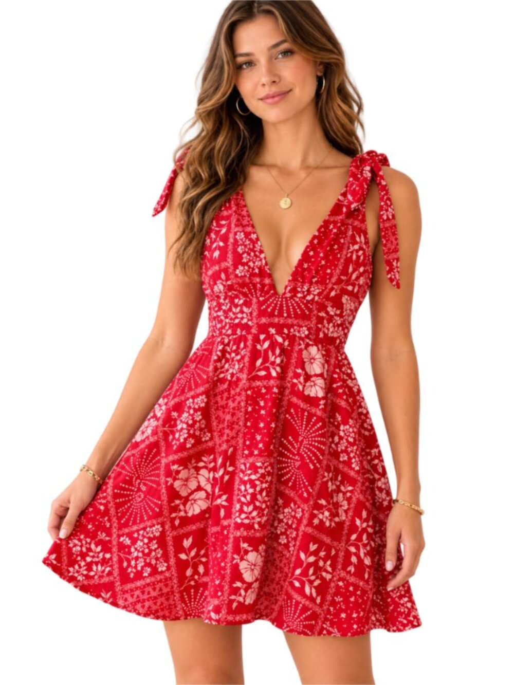 House Of Harlow 1940 Linen-Blend Deep V-Neck A-Line Mini Dress in Red Small